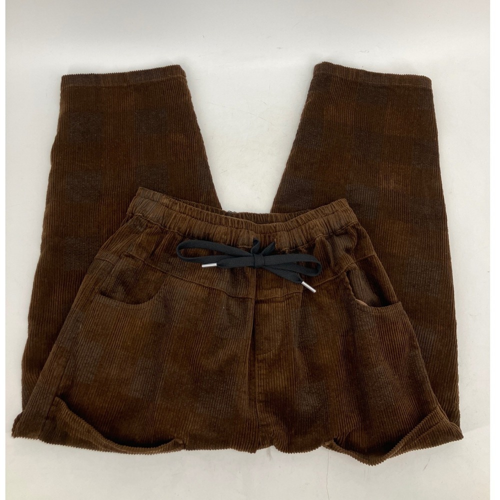 BUYKUD Corduroy Pants Women M Brown NWT Checkered Lagenlook Tapered Drawstring - Picture 6 of 11